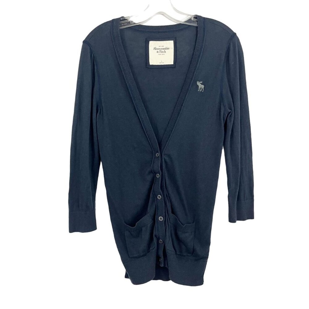 Vintage Abercrombie & Fitch Navy Cardigan Sweater Preppy Pockets Y2K Size Large